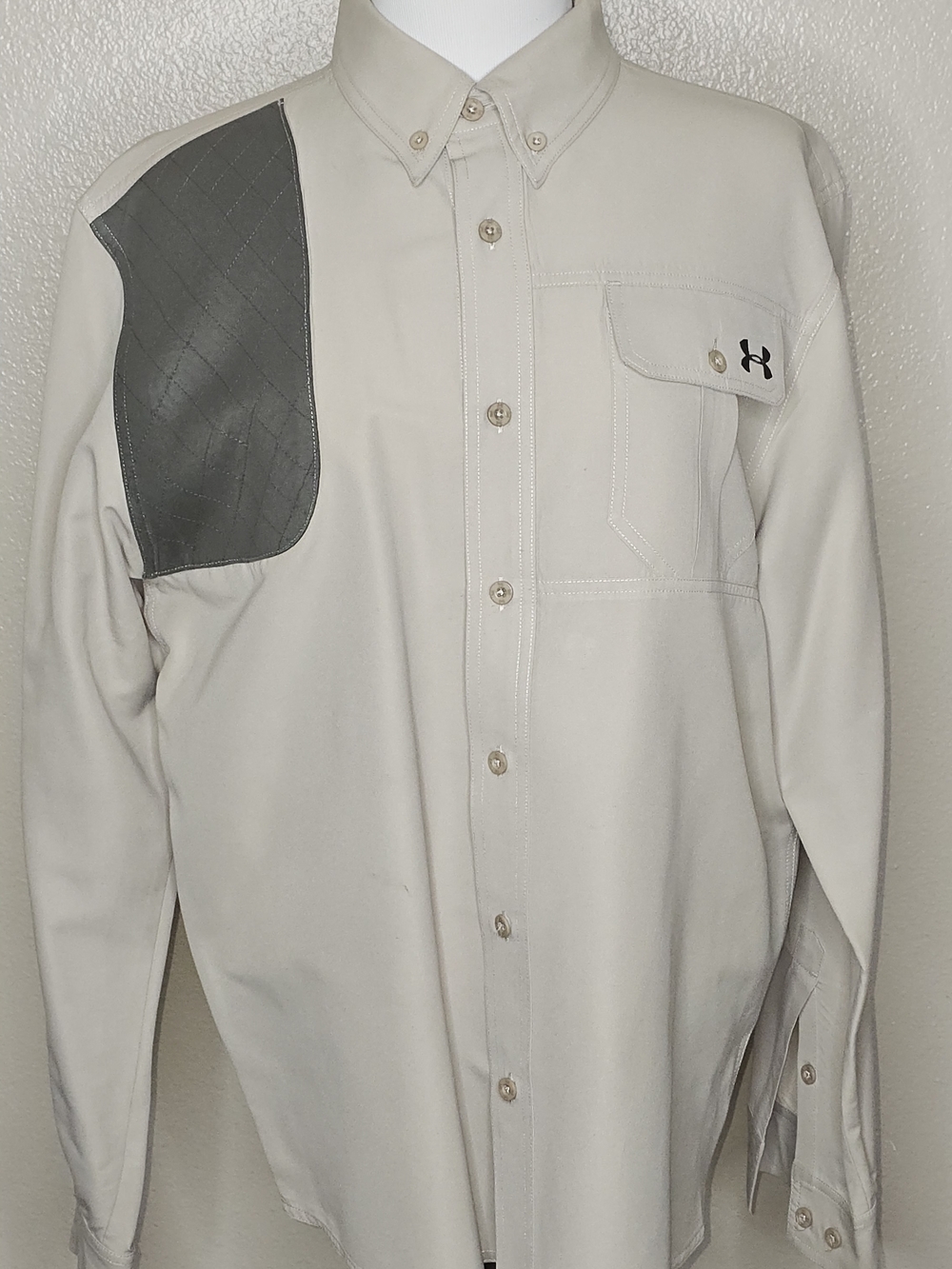 Under Armour Men's Beige Button-Down Shirt with Gray Shoulder Patch